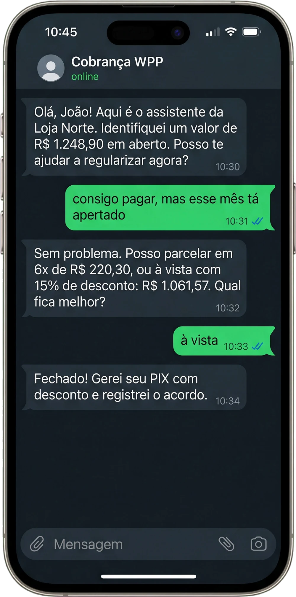 Mockup de iPhone com o agente Negocia.IA negociando uma cobrança pelo WhatsApp